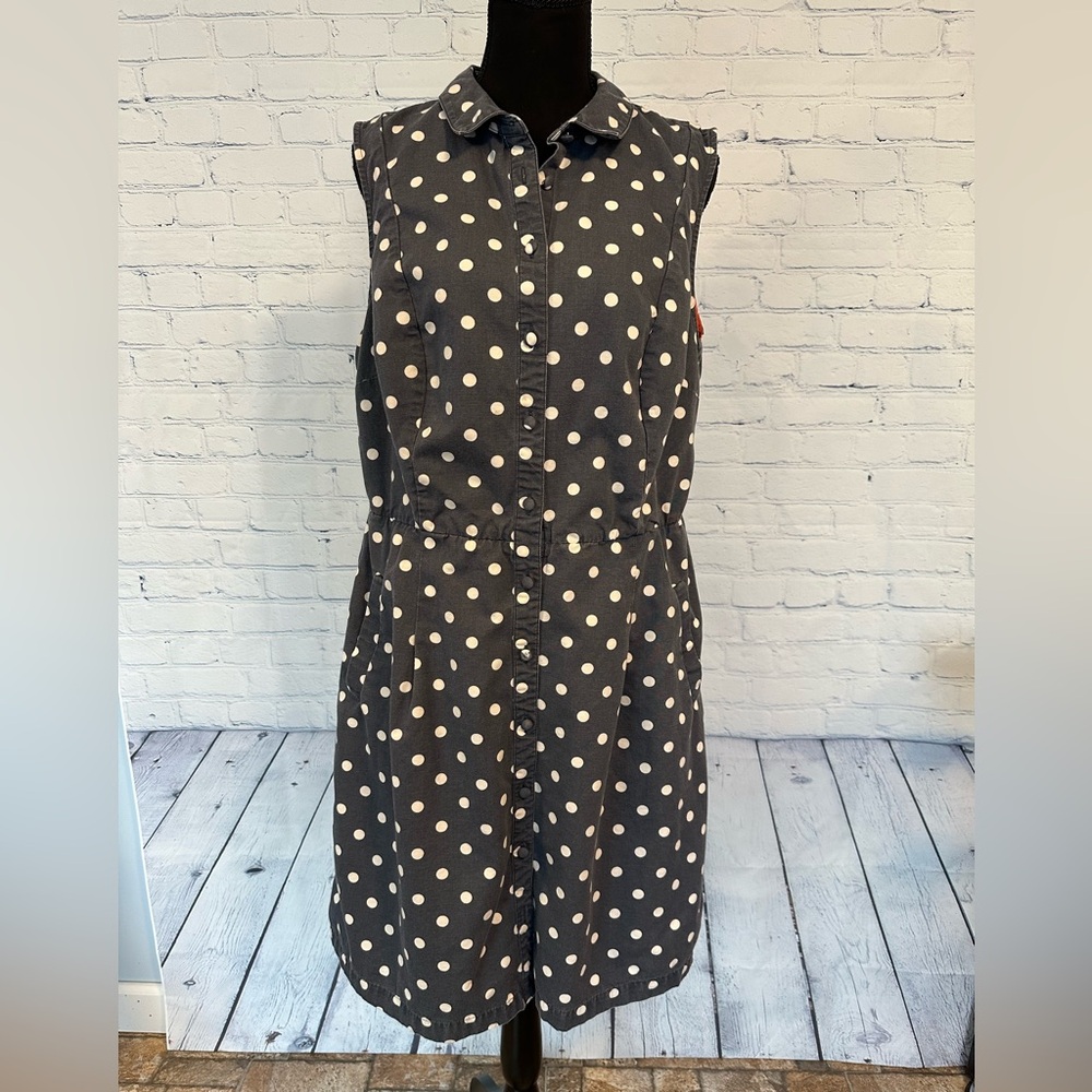 Boden Sleeveless Navy Polka Dot Shirt Style Dress, size 14R, 100% Cotton